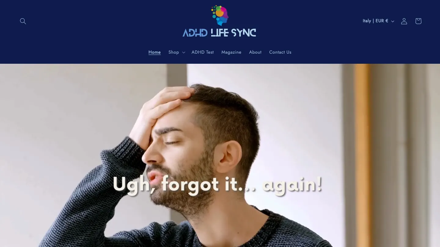 Schermata della pagina iniziale di ADHD Life Sync: menu con negozio, test e magazine, e un video di apertura con la scritta "Ugh, forgot it... again!".