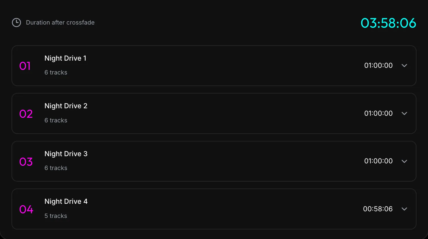 List of four exported blocks named Night Drive 1 to 4, each one hour long except the last, with the total duration after crossfade shown at the top.
