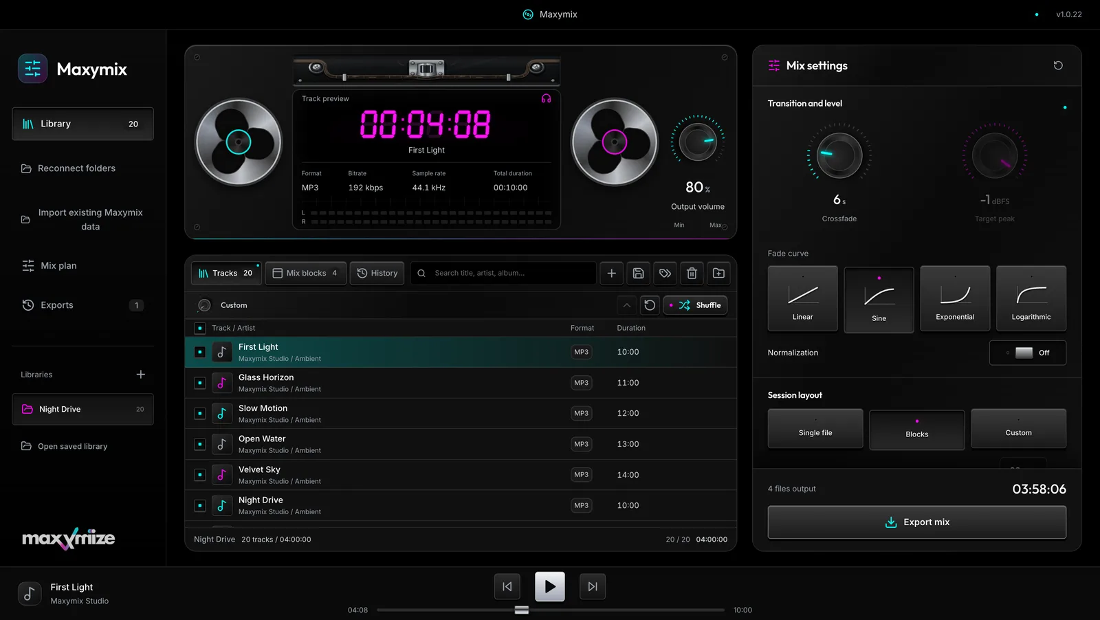 The Maxymix console: library on the left, tape reels and a seven-segment time display at the top, and the Mix settings panel on the right with crossfade, fade curves and session layout.