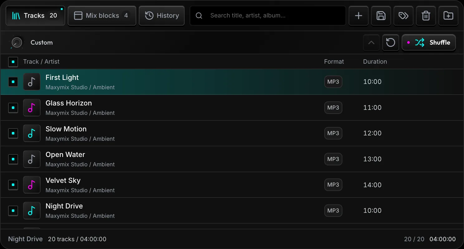 The Maxymix track list with 20 tracks, search field, sort order, shuffle key, format and duration columns, and the library total at the bottom.